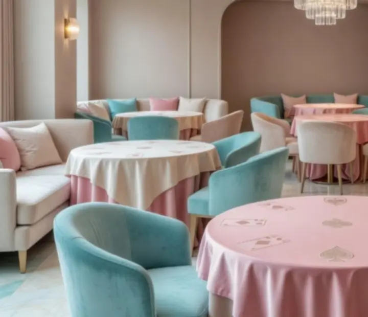 Elegáns, casino ihletésű belső tér púderrózsaszín pasztell színekkel