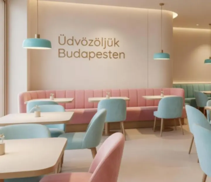 Hangulatos étterem enteriőr pasztell színekkel a Magyar Ligetben